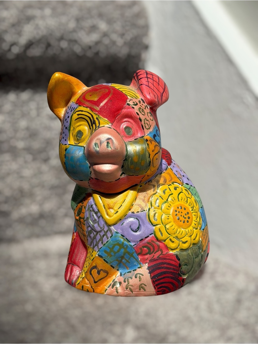 Hand Painted Folk Art Piggy Bank Colorful Patchwork Boho Whimsical Pig Decor